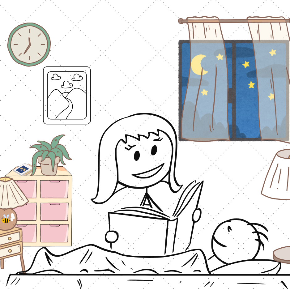 Una mamá lee un cuento a su hijo que está acostado en la cama, la habitación está decorada con elementos simples. 