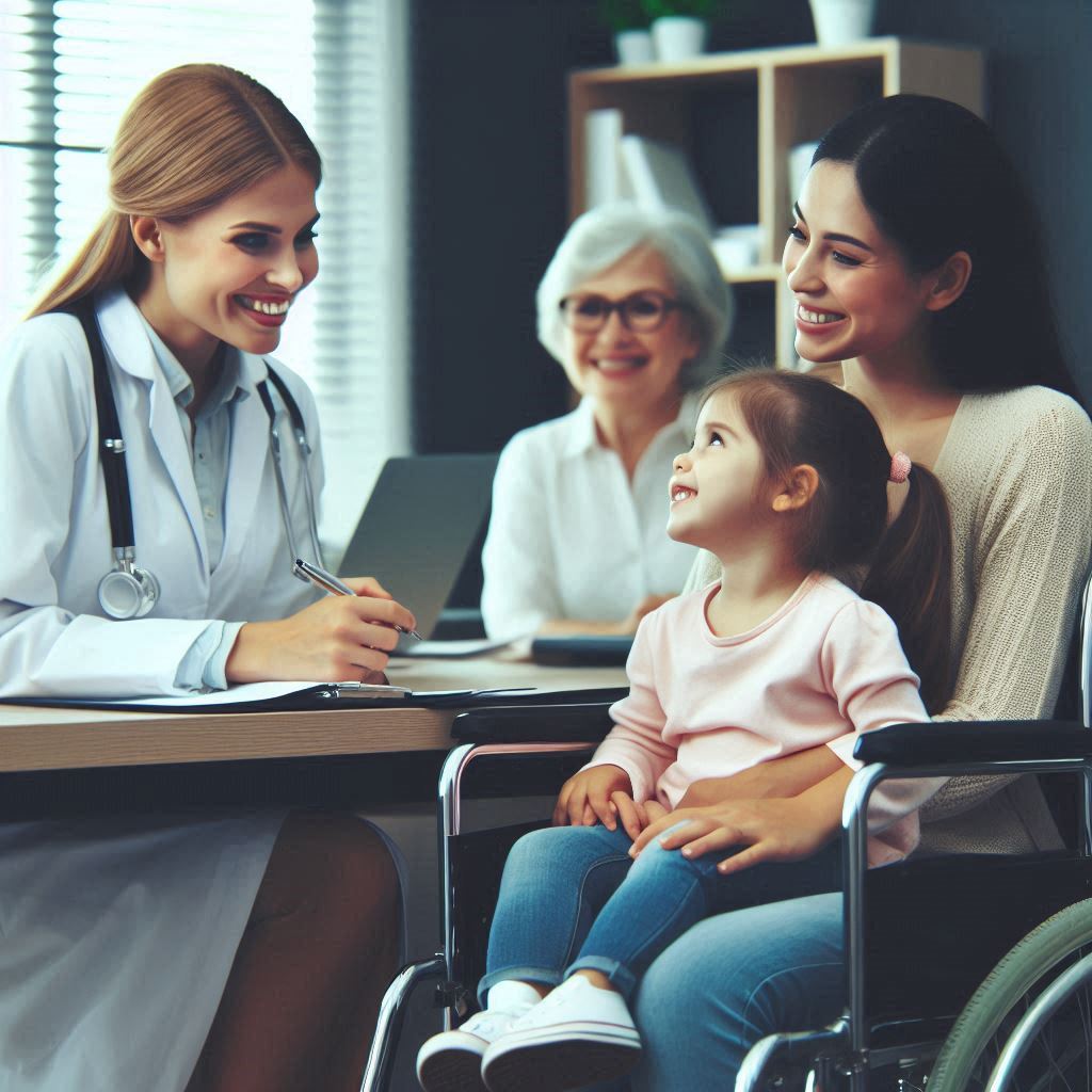 niña con parálisis cerebral que acude con su familia a la visita con su doctor. La niña está sentada en el regazo de su madre. 