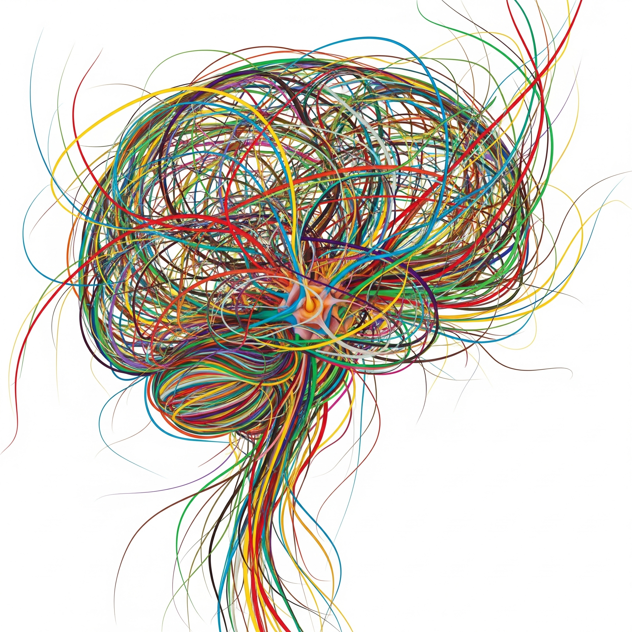reprogramando el cerebro Dibujo de un cerebro compuesto por miles de cables de colores